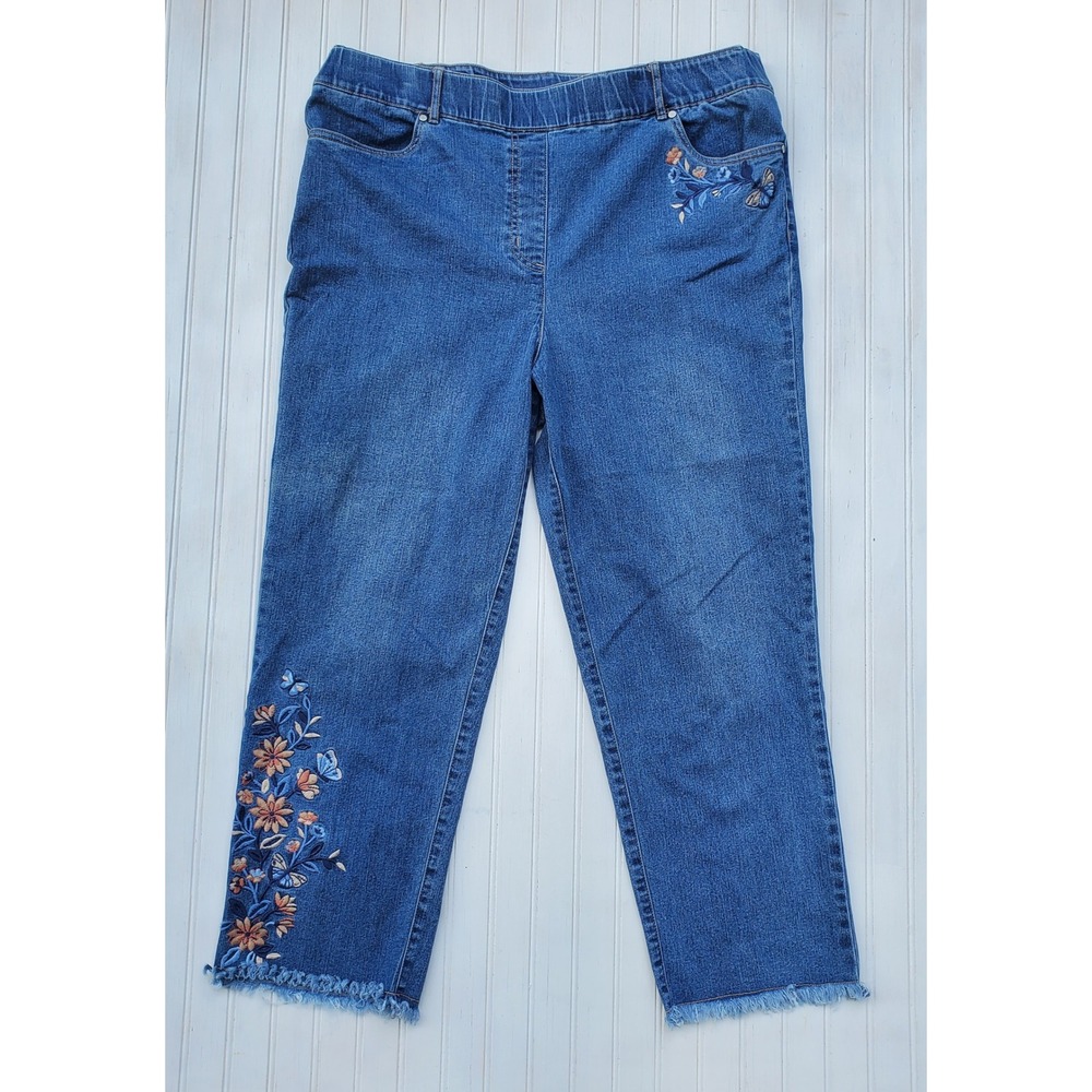 Alfred Dunner Womens Embroidered Floral Pull On Jeans Blue Raw Hem Size 16